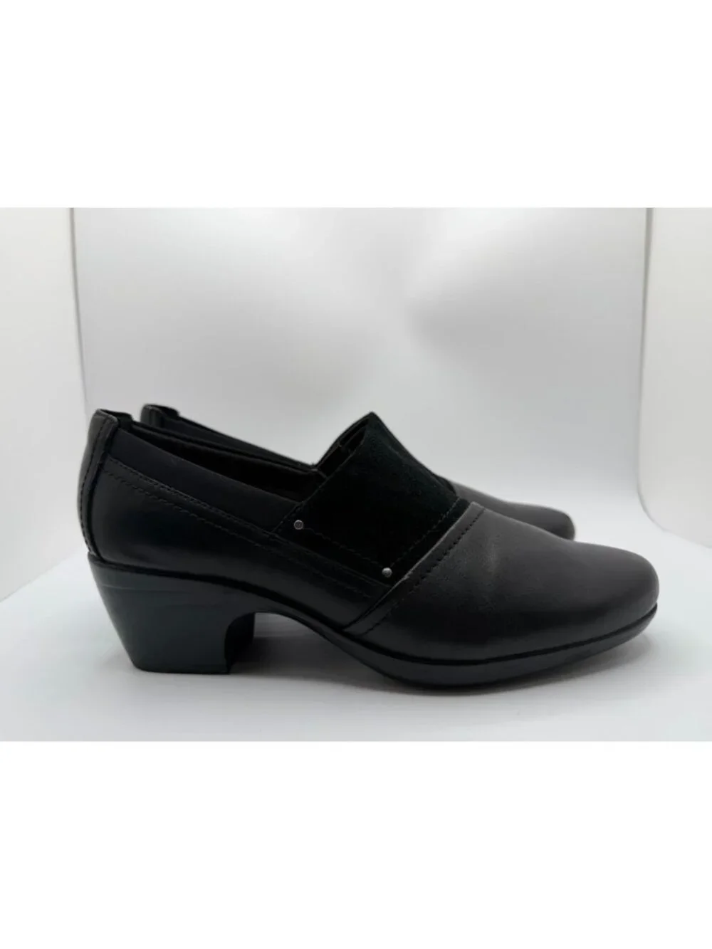 Clarks Emily Step Heel Loafers Women's Size 10M Black Leather/Suede Work Shoes